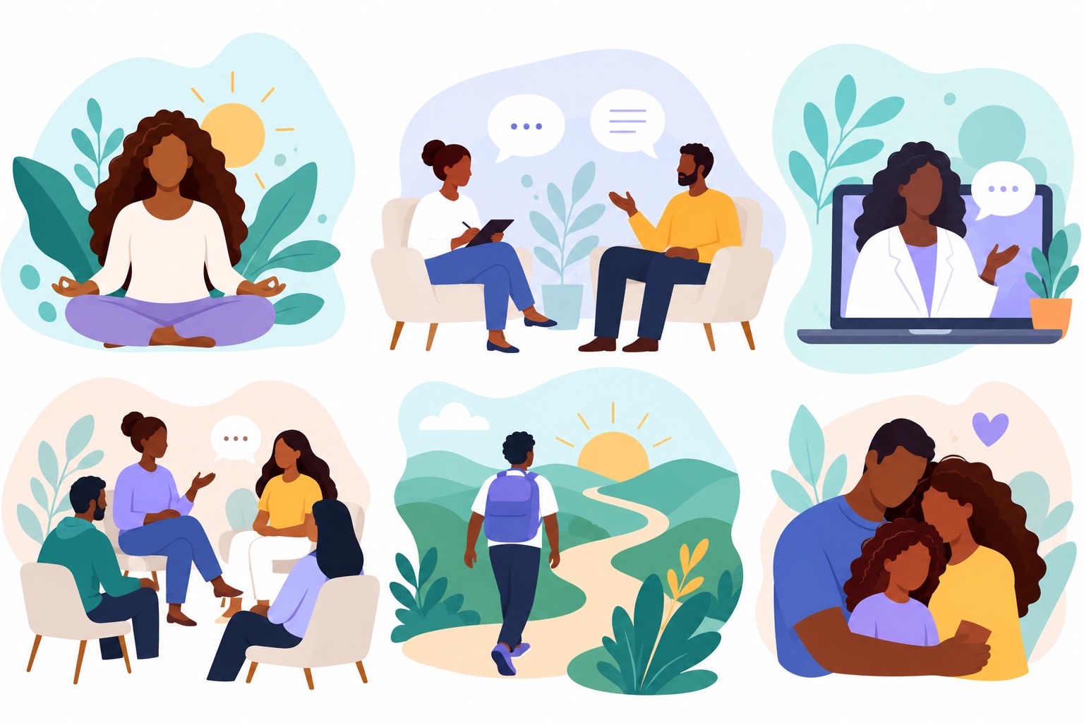 Illustrations of reflection, supportive conversations, family connection, and a journey toward a sunrise