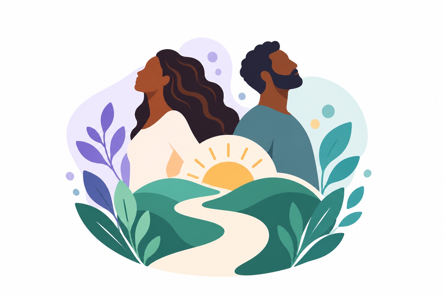 Two people looking ahead above green hills, a winding path, and a rising sun